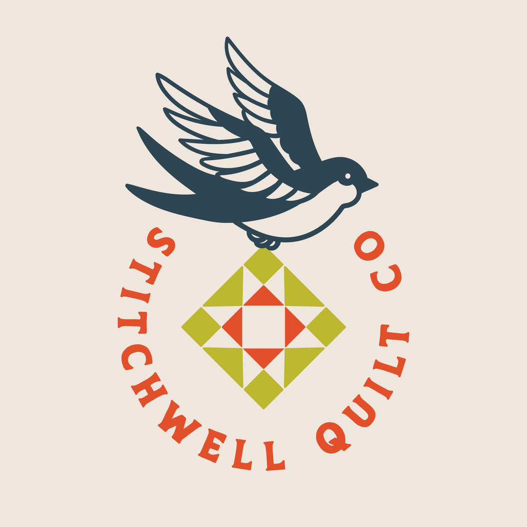 A stylized logo or graphic on a light warm beige background, featuring a flying dark blue bird above a green and orange quilt pattern, with curved orange text reading 'STITCHWELL QUILT CO'.