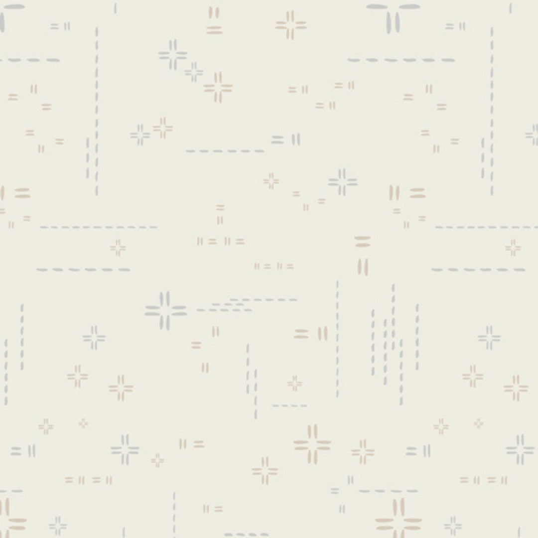 A repeating abstract pattern of small geometric shapes including crosses, dashes, and equals signs in muted gray and taupe on a warm off-white background.