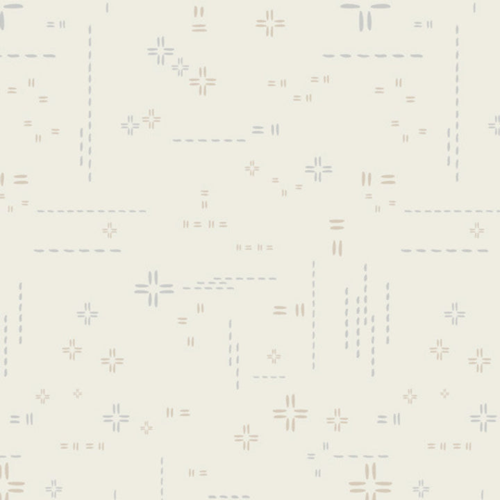 A repeating abstract pattern of small geometric shapes including crosses, dashes, and equals signs in muted gray and taupe on a warm off-white background.