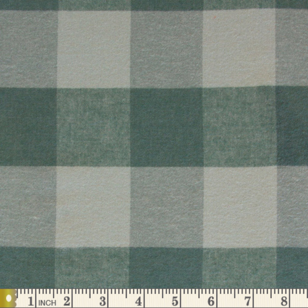 Highland Flannels Buffalo Plaid in Loch fabric swatch with measuring tape for scale