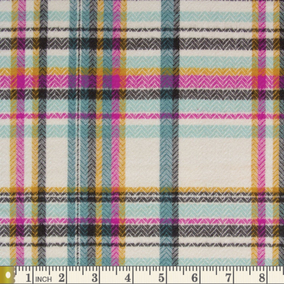 Highland Flannels Sketch Plaid in Tealberry fabric swatch with measuring tape for scale