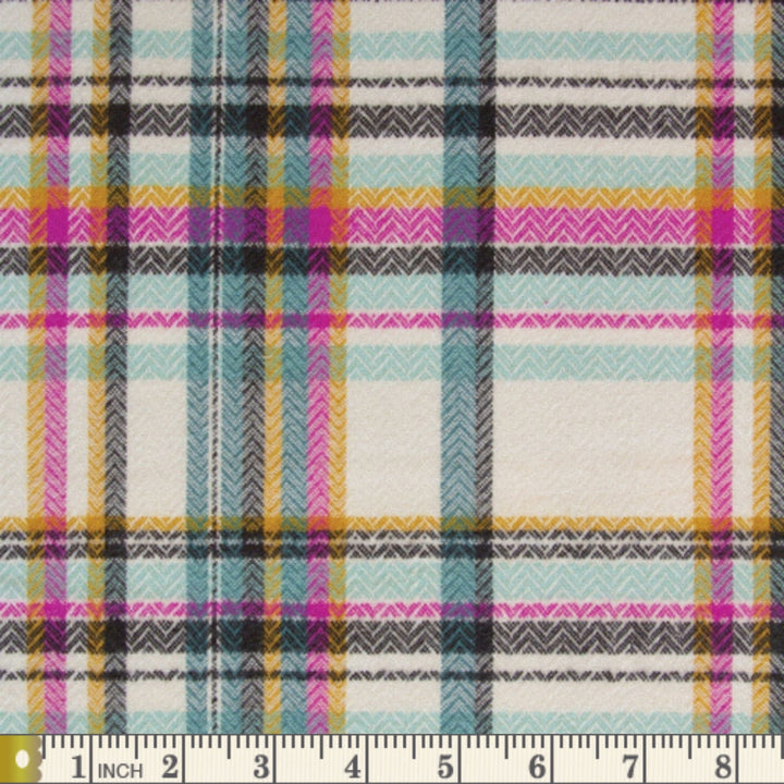 Highland Flannels Sketch Plaid in Tealberry fabric swatch with measuring tape for scale