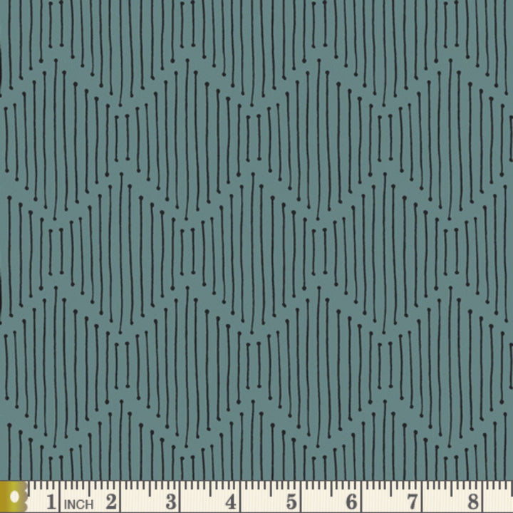 Luna + Laurel Mindful Paths in Teal fabric swatch with measuring tape for scale
