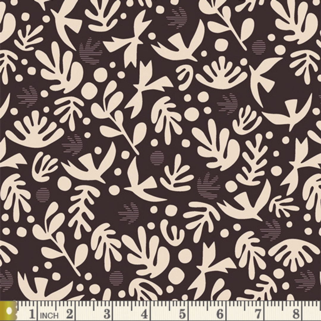 Duval Boho Birds in Truffle fabric swatch with measuring tape for scale