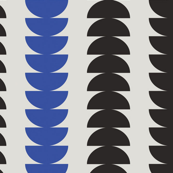 A repeating geometric pattern featuring vertical columns of stacked semi-circles in blue and black on a white background.