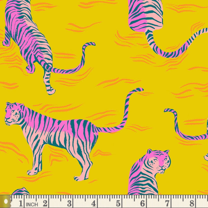 Poolside Too Tigress in Golden Hour fabric swatch with measuring tape for scale